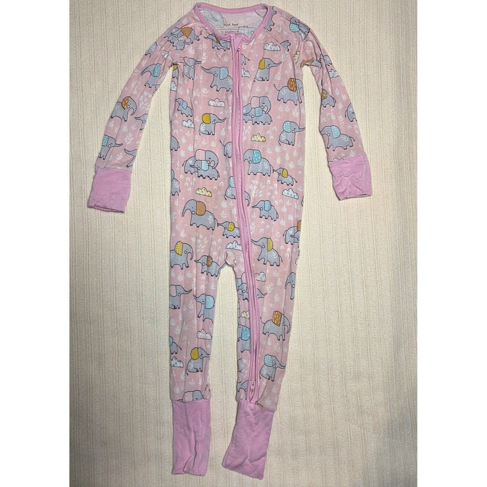 Little Sleepies Pink Elephant Snuggles 12-18 months Bamboo Zippered Pajamas